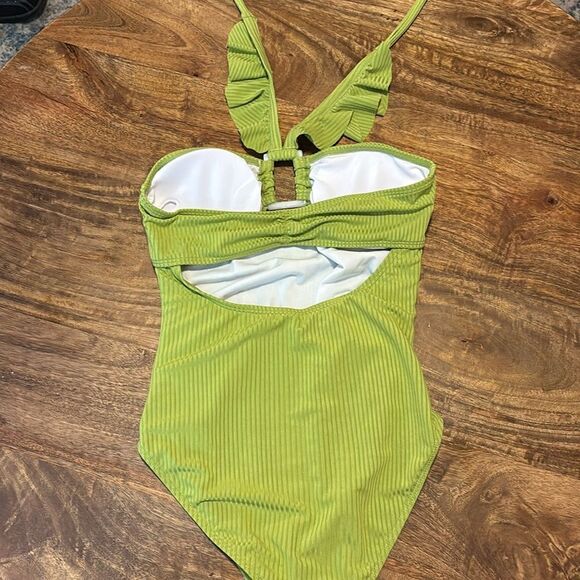 EastElegant Maternity Ruffle Ribbed One Piece Square Ring Linked Suit Green - Picture 3 of 7